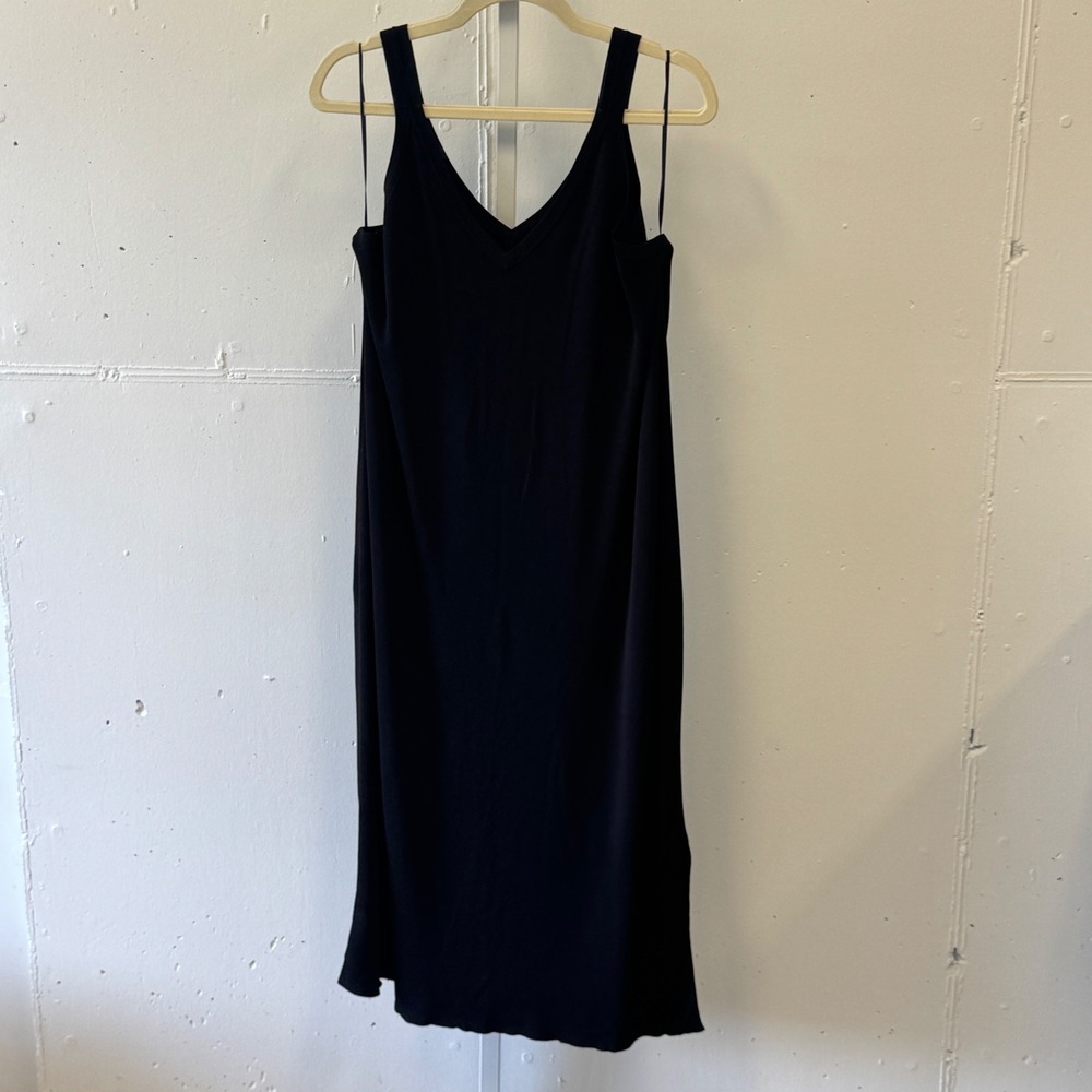 Halogen Black Ribbed Knit V-Neck Midi Dress XL HA409377MI Side Slit Sleeveless